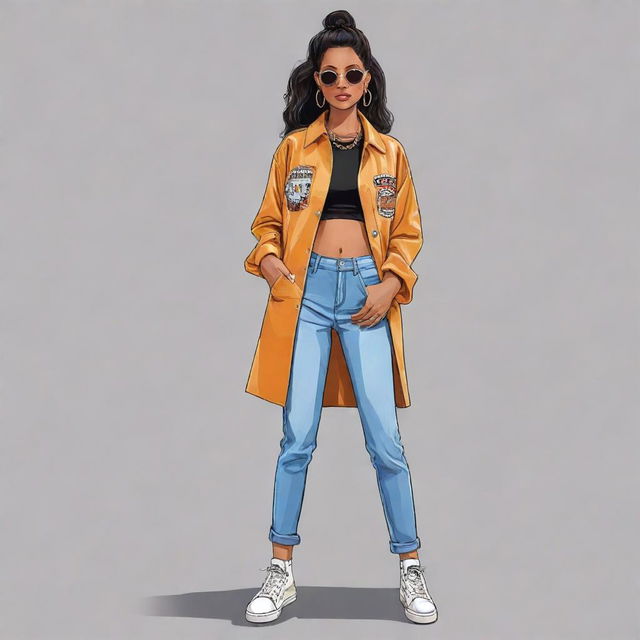 A cartoon illustration of a chic fashion model named Machica wearing trendy street style clothes