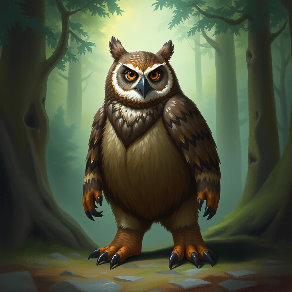 A painting of an owlbear standing on its four feet, showcasing its unique hybrid form of both an owl and a bear