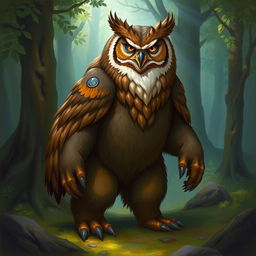 A painting of an owlbear standing on its four feet, showcasing its unique hybrid form of both an owl and a bear