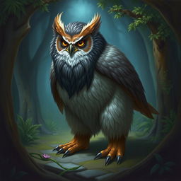 A painting of an owlbear standing on its four feet, showcasing its unique hybrid form of both an owl and a bear