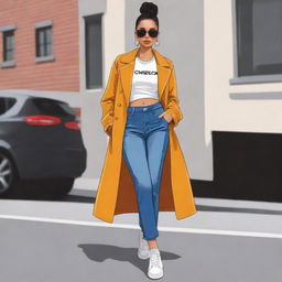 A cartoon illustration of a chic fashion model named Machica wearing trendy street style clothes