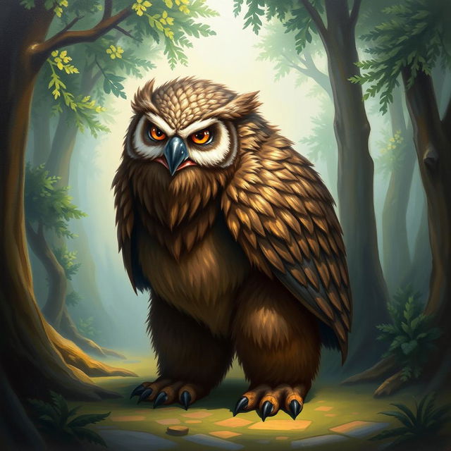 A painting of an owlbear standing on its four feet, showcasing its unique hybrid form of both an owl and a bear