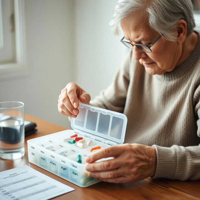 An elderly adult organizing medications in a weekly pill organizer with compartments labeled for each day and time of day (morning, afternoon, night)