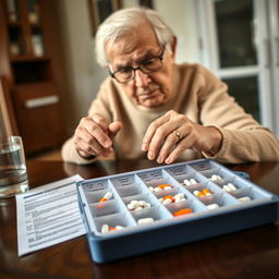 An elderly adult organizing medications in a weekly pill organizer with compartments labeled for each day and time of day (morning, afternoon, night)