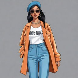 A cartoon illustration of a chic fashion model named Machica wearing trendy street style clothes