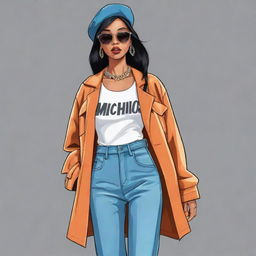 A cartoon illustration of a chic fashion model named Machica wearing trendy street style clothes