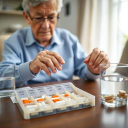 An elderly adult organizing medications in a weekly pill organizer with compartments labeled for each day and time of day (morning, afternoon, night)