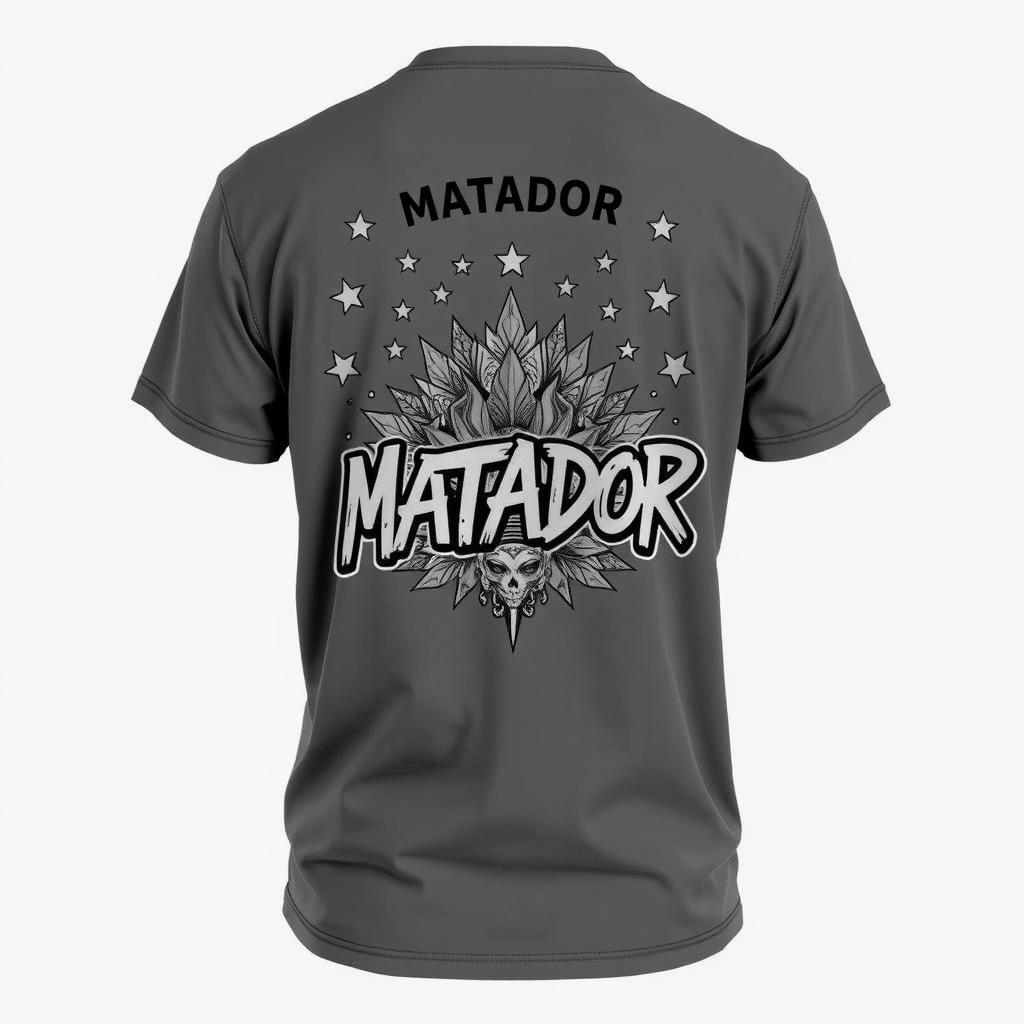 A t-shirt with a graphic design featuring stars and a detailed illustration, with text reading 'MATADOR' in a bold, graffiti-inspired font