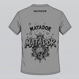 A t-shirt with a graphic design featuring stars and a detailed illustration, with text reading 'MATADOR' in a bold, graffiti-inspired font