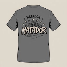 A t-shirt with a graphic design featuring stars and a detailed illustration, with text reading 'MATADOR' in a bold, graffiti-inspired font