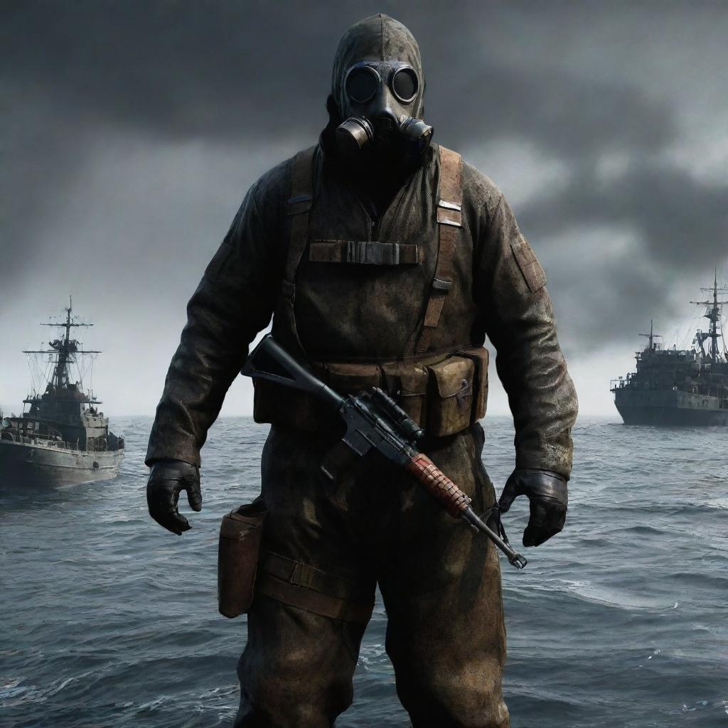 A character from the video game S.T.A.L.K.E.R, clad in a Stalker suit with a gas mask, holding an AK-74, standing on a pirate ship sailing the fantastical seas of the One Piece universe.