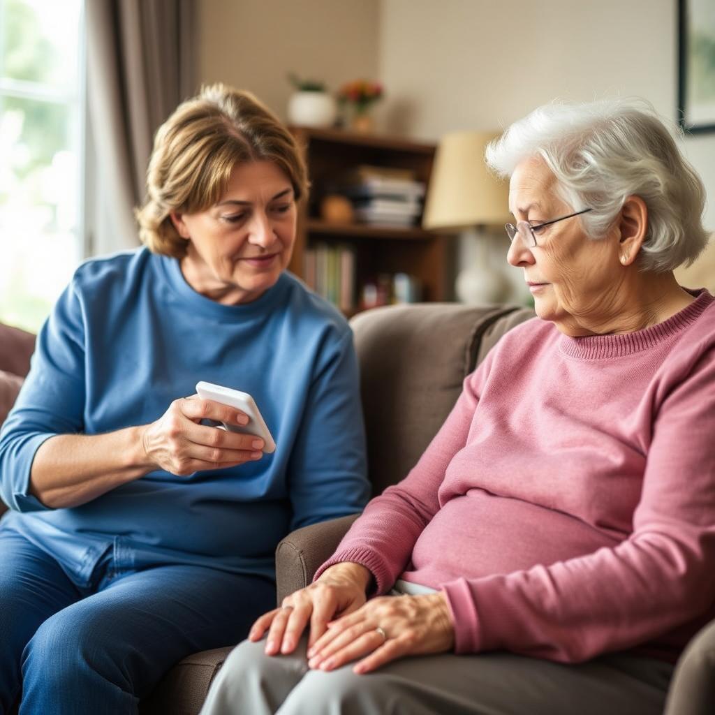 A caregiver (possibly a family member) explaining to an elderly adult how to use an electronic pill organizer with alarm reminders