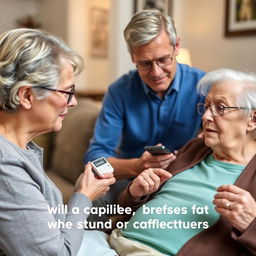 A caregiver (possibly a family member) explaining to an elderly adult how to use an electronic pill organizer with alarm reminders