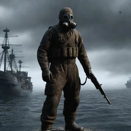 A character from the video game S.T.A.L.K.E.R, clad in a Stalker suit with a gas mask, holding an AK-74, standing on a pirate ship sailing the fantastical seas of the One Piece universe.