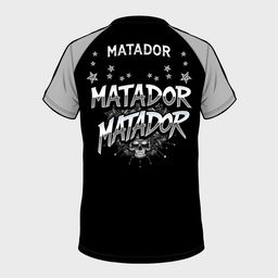 A t-shirt with a graphic design featuring stars and a detailed illustration, with text reading 'MATADOR' in a bold, graffiti-inspired font