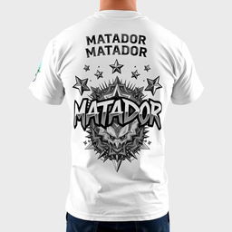 A t-shirt with a graphic design featuring stars and a detailed illustration, with text reading 'MATADOR' in a bold, graffiti-inspired font