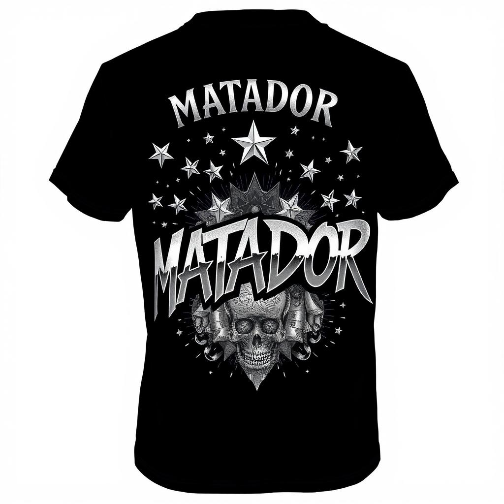 A t-shirt with a graphic design featuring stars and a detailed illustration, with text reading 'MATADOR' in a bold, graffiti-inspired font