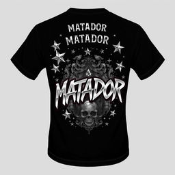 A t-shirt with a graphic design featuring stars and a detailed illustration, with text reading 'MATADOR' in a bold, graffiti-inspired font