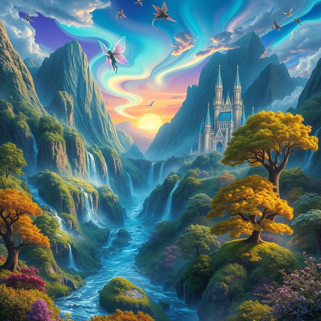 A fantastical landscape featuring a vibrant, magical world