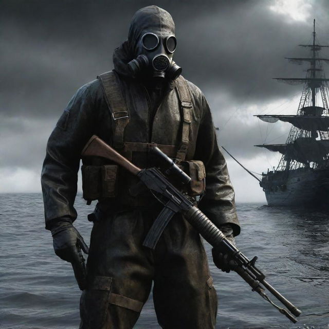 A character from the video game S.T.A.L.K.E.R, clad in a Stalker suit with a gas mask, holding an AK-74, standing on a pirate ship sailing the fantastical seas of the One Piece universe.