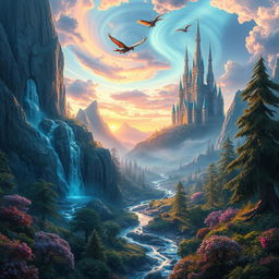 A fantastical landscape featuring a vibrant, magical world