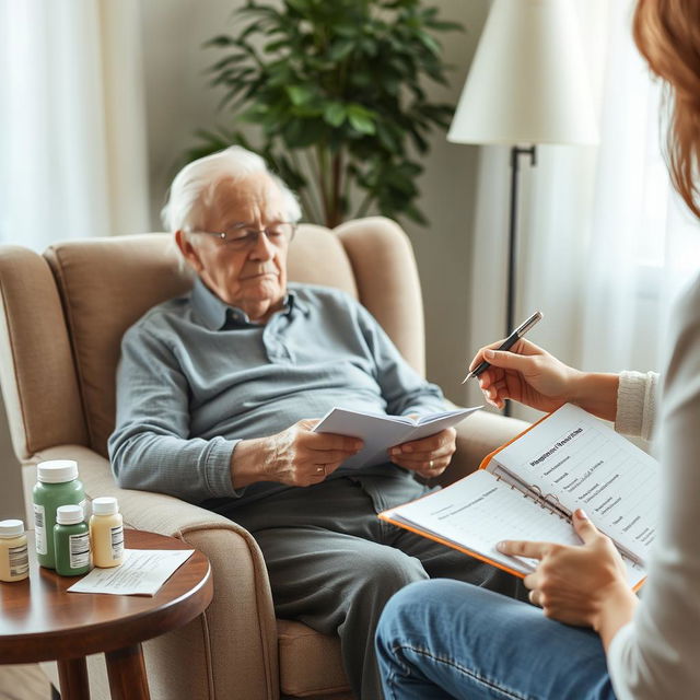 An elderly adult seated in an armchair, with a family member or caregiver taking notes in a notebook, observing for signs of side effects