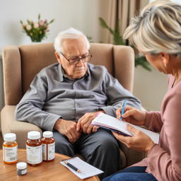 An elderly adult seated in an armchair, with a family member or caregiver taking notes in a notebook, observing for signs of side effects