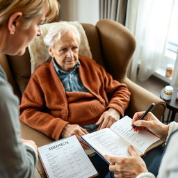 An elderly adult seated in an armchair, with a family member or caregiver taking notes in a notebook, observing for signs of side effects