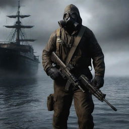 A character from the video game S.T.A.L.K.E.R, clad in a Stalker suit with a gas mask, holding an AK-74, standing on a pirate ship sailing the fantastical seas of the One Piece universe.