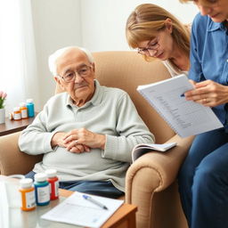 An elderly adult seated in an armchair, with a family member or caregiver taking notes in a notebook, observing for signs of side effects