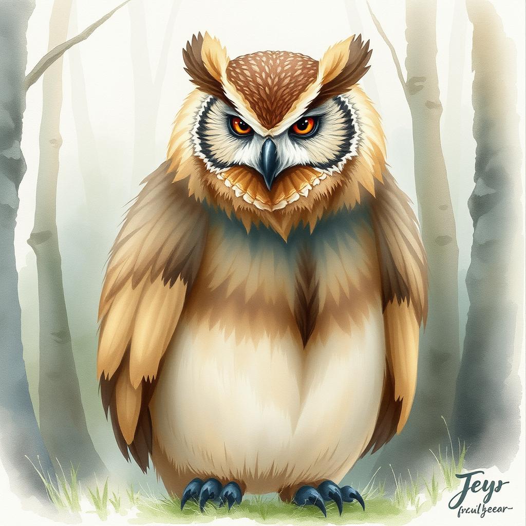 A watercolor painting of an owlbear, capturing the mythical creature in a soft and dreamy aquarelle style