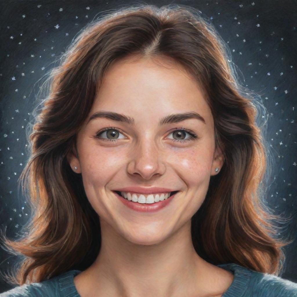 A beautifully drawn portrait of a young woman named Mia with twinkling eyes and a happy smile