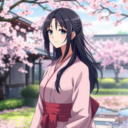 anime woman in her midlife with dark hair, serene expression, wearing an elegant kimono, standing in a tranquil Japanese garden with cherry blossom trees in the background and a gentle breeze softly flowing through her hair