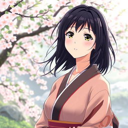 anime woman in her midlife with dark hair, serene expression, wearing an elegant kimono, standing in a tranquil Japanese garden with cherry blossom trees in the background and a gentle breeze softly flowing through her hair