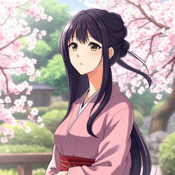 anime woman in her midlife with dark hair, serene expression, wearing an elegant kimono, standing in a tranquil Japanese garden with cherry blossom trees in the background and a gentle breeze softly flowing through her hair