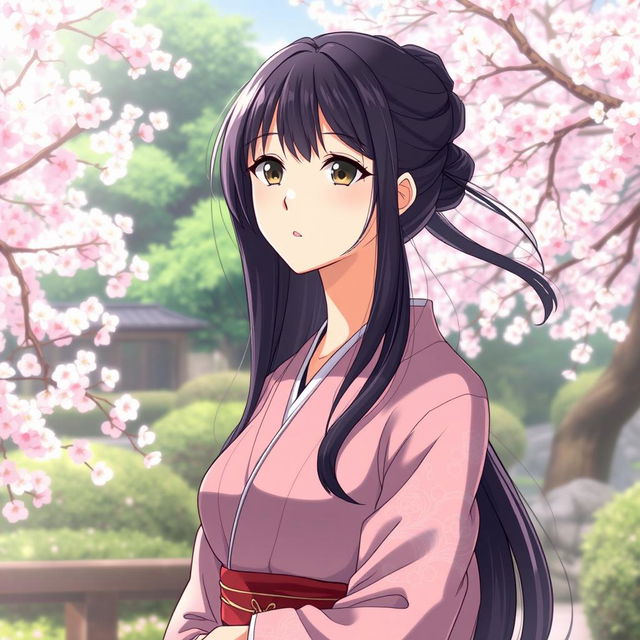 anime woman in her midlife with dark hair, serene expression, wearing an elegant kimono, standing in a tranquil Japanese garden with cherry blossom trees in the background and a gentle breeze softly flowing through her hair