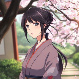 anime woman in her midlife with dark hair, serene expression, wearing an elegant kimono, standing in a tranquil Japanese garden with cherry blossom trees in the background and a gentle breeze softly flowing through her hair