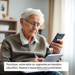 An elderly adult with a phone, speaking with a healthcare professional (not visible) about possible side effects of their medications