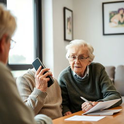 An elderly adult with a phone, speaking with a healthcare professional (not visible) about possible side effects of their medications