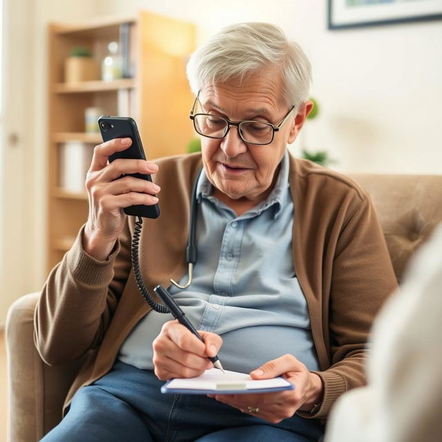 An elderly adult with a phone, speaking with a healthcare professional (not visible) about possible side effects of their medications