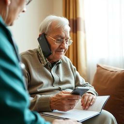 An elderly adult with a phone, speaking with a healthcare professional (not visible) about possible side effects of their medications