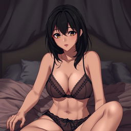 anime woman in her midlife with dark hair, alluring and suggestive pose, wearing sensual lingerie, sitting on a luxurious satin bed with dim lighting to create an intimate atmosphere