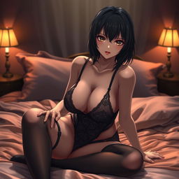 anime woman in her midlife with dark hair, alluring and suggestive pose, wearing sensual lingerie, sitting on a luxurious satin bed with dim lighting to create an intimate atmosphere