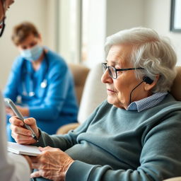 An elderly adult with a phone, speaking with a healthcare professional (not visible) about possible side effects of their medications