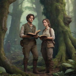 Fantasy illustration of Eldoria, a dense forest riddled with ancient relics. Centre frame is Lila, an adept linguist, holding an aged book and Captain Steele, an adventurer, both peering at a hidden city hinted through lush trees.