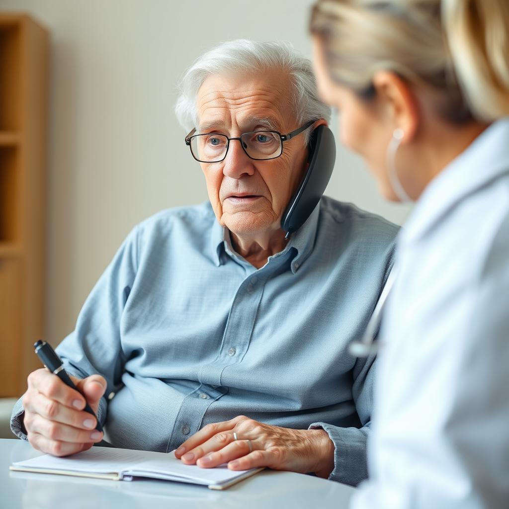 An elderly adult with a phone, speaking with a healthcare professional (not visible) about possible side effects of their medications