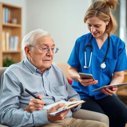 An elderly adult with a phone, speaking with a healthcare professional (not visible) about possible side effects of their medications