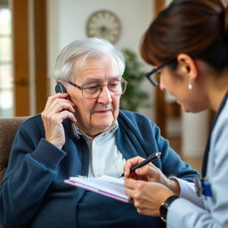 An elderly adult with a phone, speaking with a healthcare professional (not visible) about possible side effects of their medications