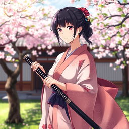 anime woman in her midlife with dark hair, wearing an elegant kimono, holding a katana with a confident stance, standing in a tranquil Japanese garden surrounded by cherry blossom trees