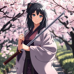 anime woman in her midlife with dark hair, wearing an elegant kimono, holding a katana with a confident stance, standing in a tranquil Japanese garden surrounded by cherry blossom trees